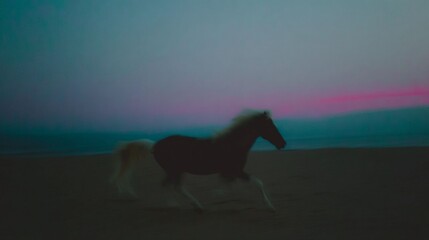 Galloping Horse on Twilight Beach, Motion Blur