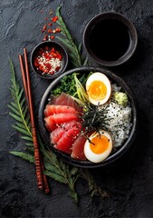 Vibrant tuna sashimi with fresh rice, colorful vegetables, and perfectly cooked eggs, a delicious and healthy meal presentation
