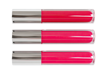 Three tubes of bright pink lip gloss, metallic silver caps, clear plastic tubes