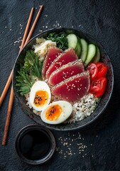 Vibrant tuna sashimi with perfectly cooked rice, fresh vegetables, and a soft boiled egg, artfully arranged for a healthy and delicious meal experience.