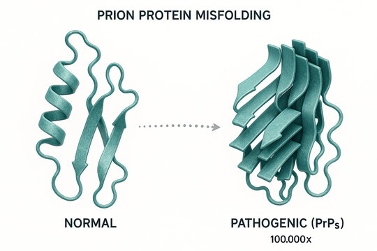 Illustration of normal and misfolded prion protein structures, highlighting the pathogenic form.
