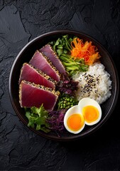 Vibrant tuna sashimi with fresh rice, colorful vegetables, and perfectly cooked eggs, a stunning and healthy meal presentation for culinary blogs and healthy eating promotions.