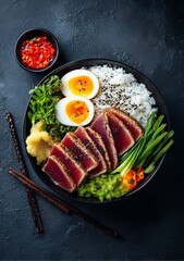 Vibrant sashimi tuna with fresh rice, colorful vegetables, and perfectly cooked eggs, beautifully presented for a healthy, delicious, and visually appealing meal experience.