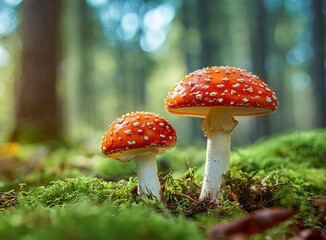 Vibrant red toadstool mushrooms flourish on lush green moss, creating a magical, enchanting forest floor scene perfect for nature, fantasy, and whimsical themes.