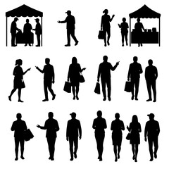 Black silhouettes of people walking, standing, and shopping at market stalls on a white background.