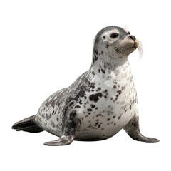 Png of spotted seal pup sitting upright isolated on transparent background, looking alert and curious, ready to play