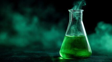 A glass flask filled with a glowing green liquid emits wisps of vapor against a dark, smoky background, creating a mysterious and scientific atmosphere