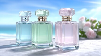 Three Elegant Perfume Bottles in Pastel Hues on Marble Surface with Golden Accents Against Blurred Ocean and Floral Backdrop Under Soft Lighting
