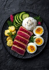 Vibrant tuna sashimi with fresh rice, crisp vegetables, and perfectly cooked eggs, a delightful culinary creation for healthy eating and gourmet dining experiences.