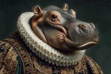 Obraz premium Hippopotamus in renaissance noble costume with ruff collar