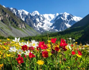 Colorful wildflowers bloom in a valley, snow-capped mountains in the background
