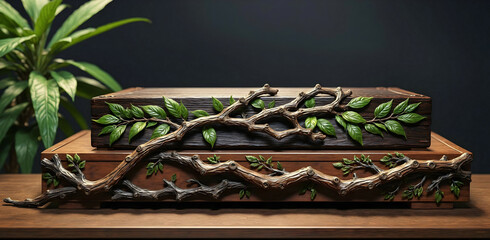 Wooden platform with carved decoration of branches