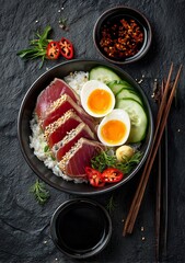 Vibrant tuna sashimi with fresh rice, crisp vegetables, and perfectly cooked eggs creates a visually stunning and delicious meal experience for healthy eating inspiration.
