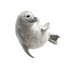 Png of adorable baby harp seal swimming isolated on transparent background, looking up with a playful and friendly expression