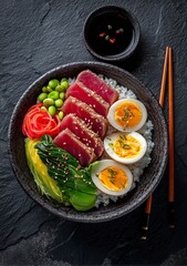 Vibrant sashimi tuna with perfectly cooked rice, fresh vegetables, and golden eggs, a visually stunning and delicious meal ready to inspire culinary creations and healthy lifestyle content.