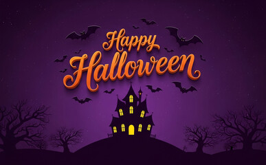 Halloween banner with orange lettering, bats, haunted house silhouette, and bare trees against a purple night sky Free space for text