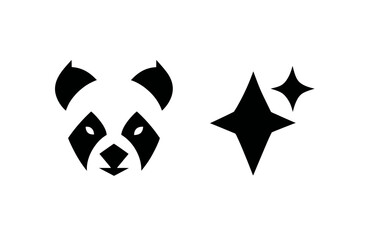 A geometric black and white design featuring a panda face next to a star-shaped sparkle element