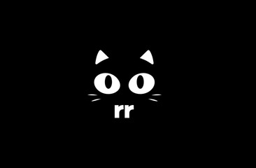 Minimalist white cat face with big eyes and teeth on black backdrop, cartoon style