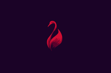 Elegant stylized red swan on dark purple, minimalist and evocative design