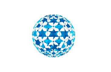 A geometric orb composed of interconnected blue star shapes on a plain white background
