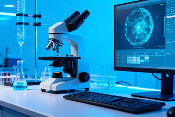 Modern laboratory setup with microscope, computer display, and scientific equipment under blue lighting