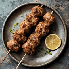 two skewers of grilled meatballs coated in spices and looking juicy. The meat's texture is rough with bits of onion and spices attached, giving it a savory and aromatic flavor.