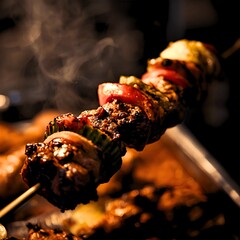 grilled beef skewers topped with sliced ​​red peppers, green peppers, and onions. The meat appears juicy, with a browned and slightly charred coating of spices, giving it a smoky, mouth-watering aroma