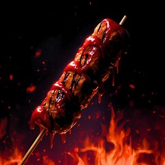 grilled beef skewers coated in a rich red sauce and dripping with a tantalizing drizzle of black sauce. The cuts of meat appear juicy with a slightly caramelized, charred texture.