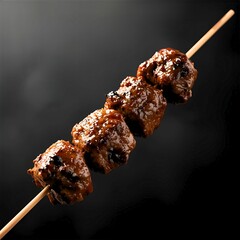 four pieces of grilled meat skewered on wooden skewers. The pieces of meat are juicy and shiny, coated in a thick barbecue sauce, creating a tantalizing caramelization effect.