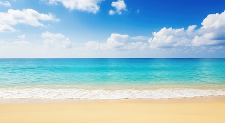 Obraz premium Serene tropical beach horizon with turquoise water blue sky and fluffy clouds