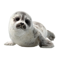Png of adorable baby harp seal pup lying down isolated on transparent background, looking at the camera with big eyes