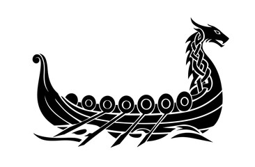 Fototapeta premium Black silhouette of a Viking longship with a dragon's head at the bow, sails, and oars