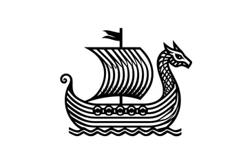 A stylized, black and white illustration depicts a Viking ship on the water. A dragon figurehead is featured