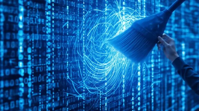 Futuristic data cleaning technology interface, sweeping blue binary code, erasing data. 4k video