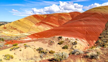 Vividly colored, undulating hills under a bright, partly cloudy sky