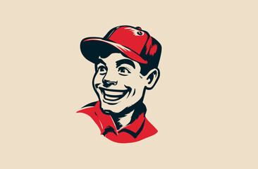 Graphic headshot of smiling man wearing red hat and collar, on beige background