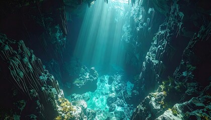 Obraz premium Sunbeams pierce the depths of a submerged cave, illuminating the turquoise water and rocky formations. The scene evokes a sense of mystery