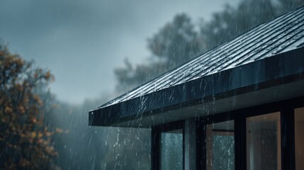Fototapeta premium Rainy Rooftop Scene: A detailed view of a rooftop in heavy rain, conveying a sense of tranquility and the powerful beauty of nature's elements.