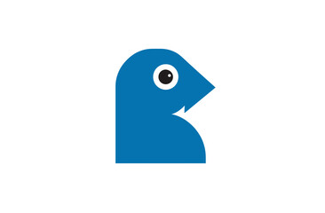 Minimalist stylized blue bird profile with geometric shapes and a single eye