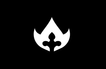 A white, stylized fire-like shape with ornate details, isolated on a black background