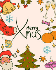 Doodle vintage Merry Christmas greeting card. Ink sketch style poster. Hand drawn Christmas tree, toys, flute, Santa decoration symbol.  Retro vector illustration.