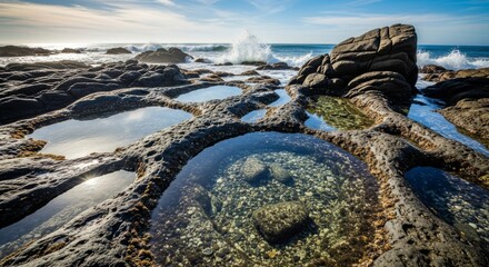 Rocky Shoreline Tide Pools Reflecting the Sky.