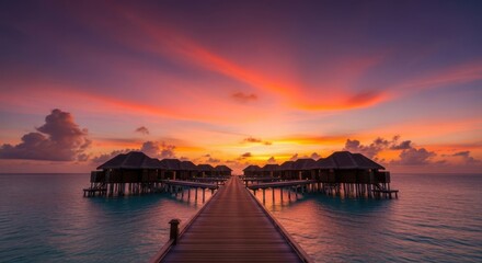 Obraz premium Serene tropical sunset over water bungalows with wooden pier reflecting vivid colors
