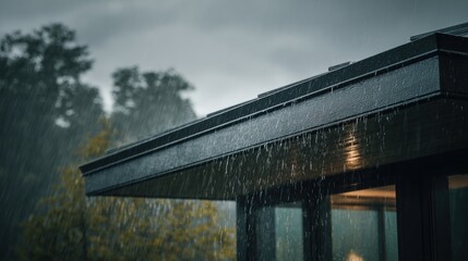 Fototapeta premium Rain-Kissed Architecture: A modern home endures a downpour, showcasing the stark elegance of design with the rhythmic patter of raindrops cascading from the roof. 