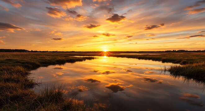 Golden Marsh Sunset Serenity Reflective Waters and Tranquil Landscape - Powered by Adobe