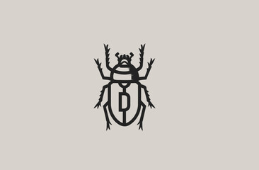 Stylized, symmetrical beetle drawing in black line art on a light grey background