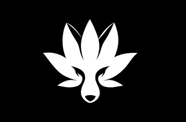 White abstract stylized fox face surrounded by petals, on a black background