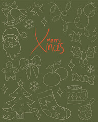 Doodle vintage Merry Christmas greeting card. Ink sketch style poster. Retro vector illustration.