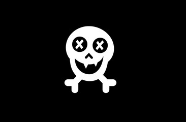 Minimalist white skull icon with X eyes, fangs, and skeletal legs on black background