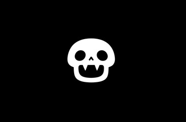 A white skull with fangs and two eye sockets on a black background